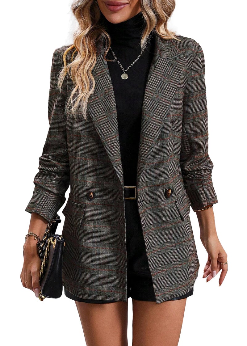 Mina Self Plaid Blazer Jacket for Women Houndstooth 2026 Fall Winter Business Caual Tan Brown Work Office Womens Trendy Boyfriend Professional Fashion Dressy Ladies Women's Blazers & Suit Jackets - Image 1