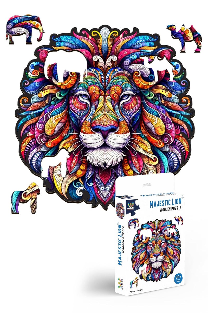 Webby لعبة بازل الأسد | أسد خشبي ملون رائع | لعبة سفر | تصميم فن الزن تانجل للعبة بازل خشبية للأطفال والبالغين (30 قطعة) - Image 1