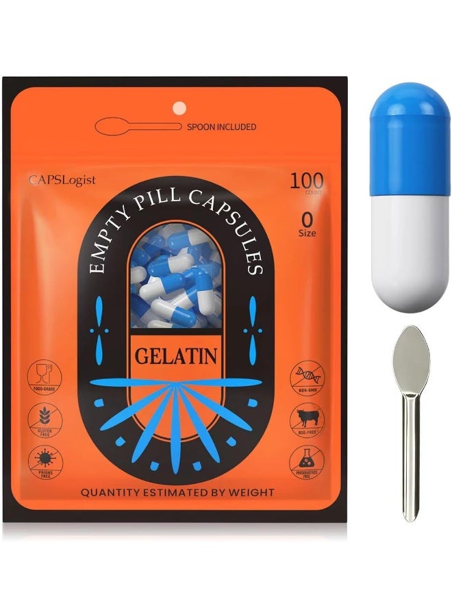 CAPSLogist Pill Capsules Empty Size 0, 100 Count Empty Gelatin Capsules For Diy Capsule Filling - Fillable Pill Gel Caps, Diy Your Own Supplements, Blue/White - Image 1