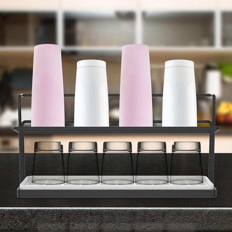 Double Layer Bottle Cup Drying Rack With Removable Drain Tray Black - Image 4