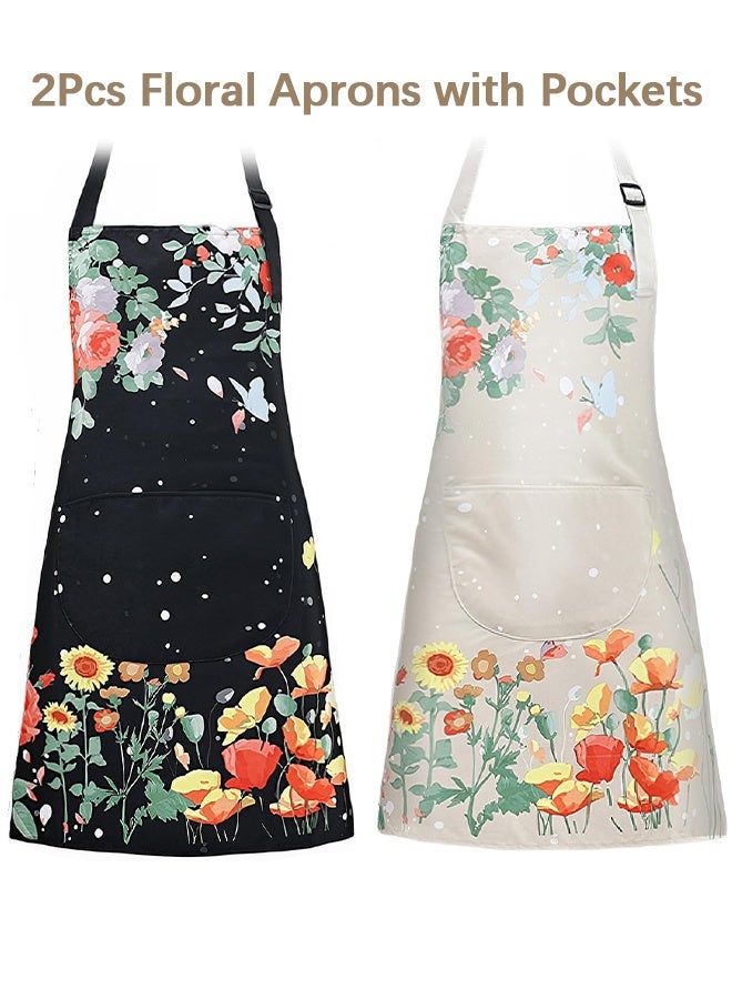 Wffo 2Pcs Floral Aprons with Pockets, Womens Waterproof Adjustable Neck Strap Kitchen Aprons for Women, for Cooking Baking Gardening BBQ Vintage Kitchen Apron - Image 1