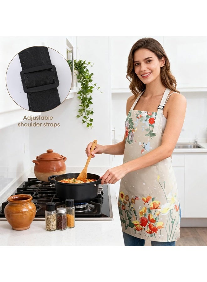 Wffo 2Pcs Floral Aprons with Pockets, Womens Waterproof Adjustable Neck Strap Kitchen Aprons for Women, for Cooking Baking Gardening BBQ Vintage Kitchen Apron - Image 5