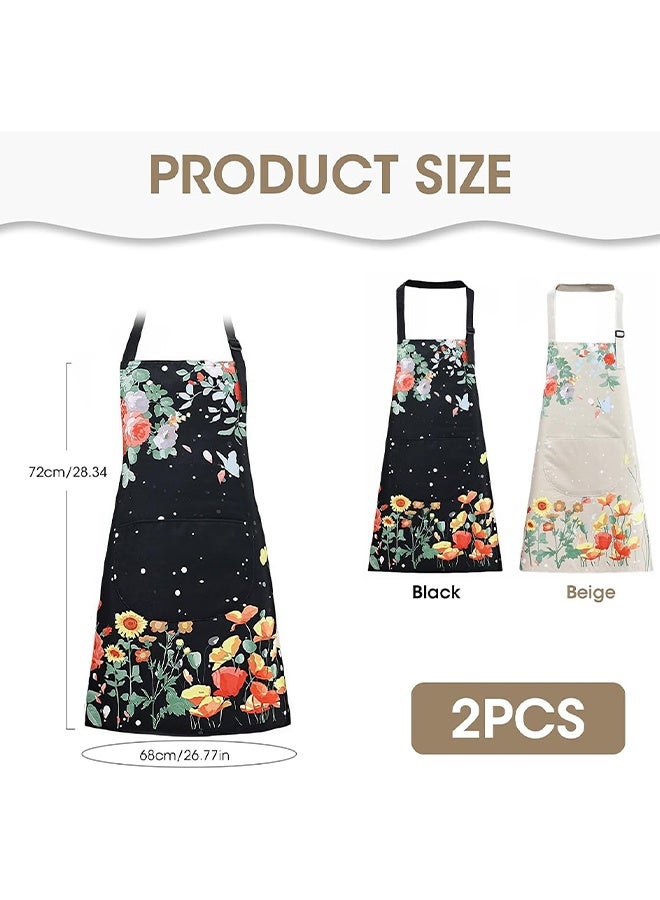 Wffo 2Pcs Floral Aprons with Pockets, Womens Waterproof Adjustable Neck Strap Kitchen Aprons for Women, for Cooking Baking Gardening BBQ Vintage Kitchen Apron - Image 2