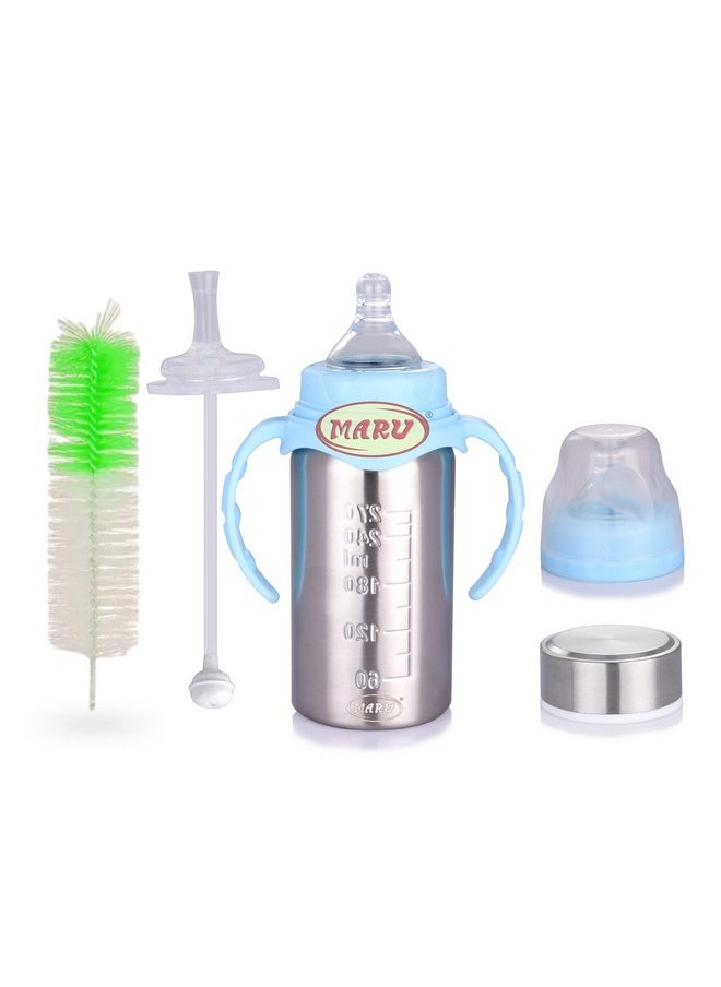 MARU 3-In-1 Stainless Steel Feeding Bottle For Baby Blue Color-Versatile Sipper,Feeder, For Newborns-3+ Months Kids, Baby Feeding Bottle With Extra Travel Lid & Sipper Nipple, 270 Ml  - Image 1