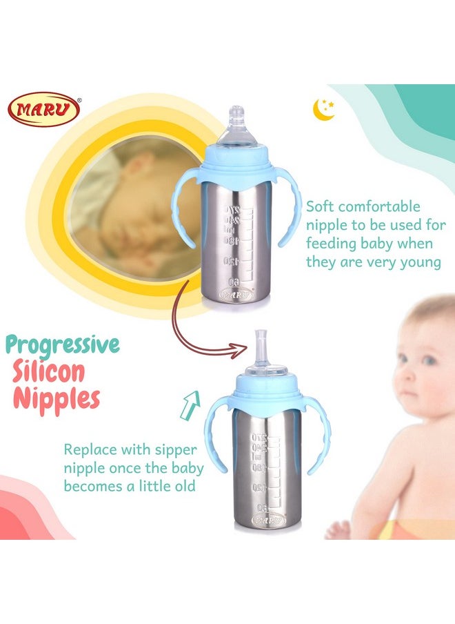 MARU 3-In-1 Stainless Steel Feeding Bottle For Baby Blue Color-Versatile Sipper,Feeder, For Newborns-3+ Months Kids, Baby Feeding Bottle With Extra Travel Lid & Sipper Nipple, 270 Ml  - Image 3