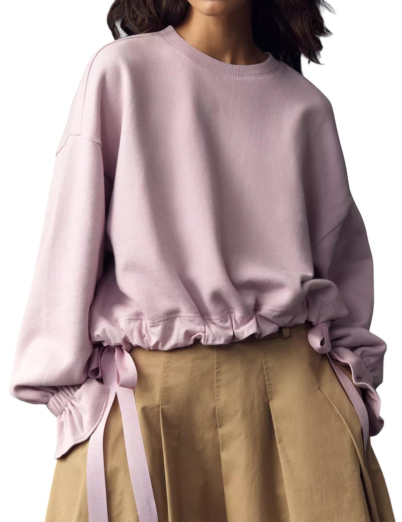 Dsewpaur Women Tie Up Sweatshirt Crewneck Balloon Long Sleeve Shirt Casual Fall Pullover Crop Babydoll Tops Purple - Image 1