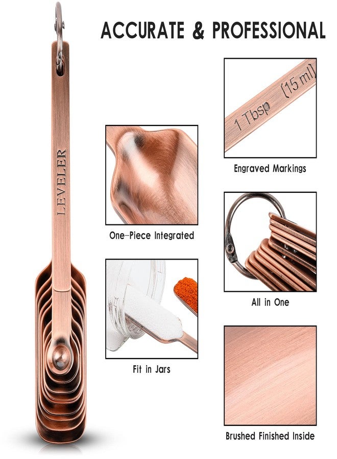 Hotsyang Copper Measuring Spoons Set, Stainless Steel Narrow Measuring Spoons Set, Heavy Duty Metal Measuring Spoon with Long Handle, Engraved Metric&US Measure Spoon with Leveler, Easily Fit Spice Jars - Image 3
