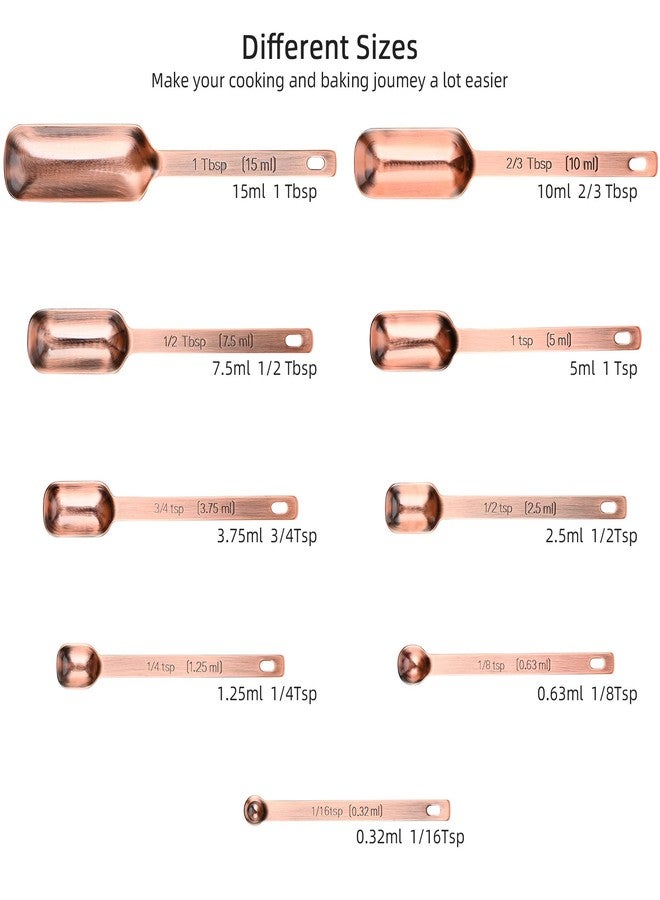 Hotsyang Copper Measuring Spoons Set, Stainless Steel Narrow Measuring Spoons Set, Heavy Duty Metal Measuring Spoon with Long Handle, Engraved Metric&US Measure Spoon with Leveler, Easily Fit Spice Jars - Image 2