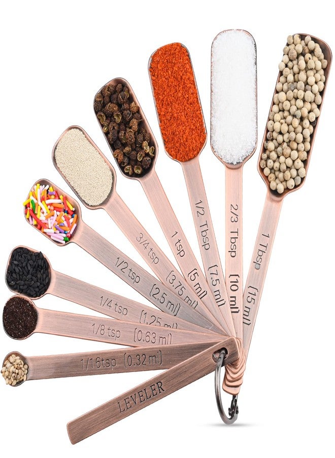 Hotsyang Copper Measuring Spoons Set, Stainless Steel Narrow Measuring Spoons Set, Heavy Duty Metal Measuring Spoon with Long Handle, Engraved Metric&US Measure Spoon with Leveler, Easily Fit Spice Jars - Image 1