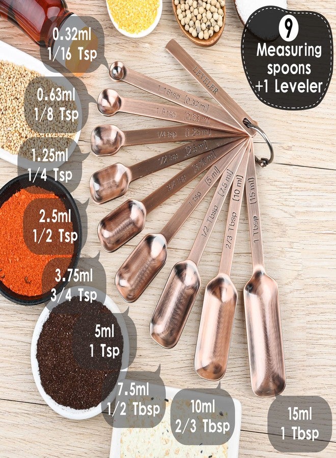 Hotsyang Copper Measuring Spoons Set, Stainless Steel Narrow Measuring Spoons Set, Heavy Duty Metal Measuring Spoon with Long Handle, Engraved Metric&US Measure Spoon with Leveler, Easily Fit Spice Jars - Image 4