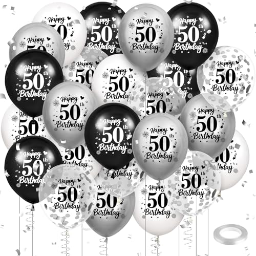 Wayyogh 50th Birthday Balloons Decorations Black White Silver 24pcs Happy 50th Birthday Party Latex Confetti Balloons for Men Women Happy 50th Birthday Anniversary Party Supplies Decor 12 inches Outdoor - Image 1