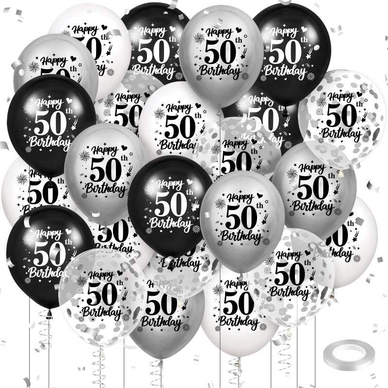 Wayyogh 50th Birthday Balloons Decorations Black White Silver 24pcs Happy 50th Birthday Party Latex Confetti Balloons for Men Women Happy 50th Birthday Anniversary Party Supplies Decor 12 inches Outdoor - Image 3