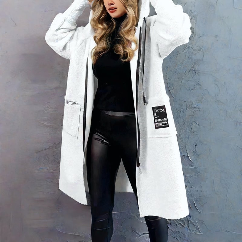 Hooded Zip-Up Long Coat with Drawstring and Letter Patchwork - Image 3