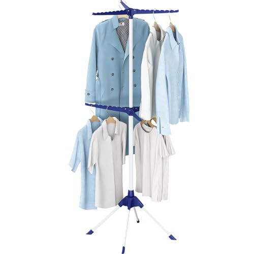 APEXCHASER Clothes Drying Rack 2-Tier Folding Laundry Drying Rack, 57 Inch Collapsible Clothing Rack 4 Legs, 6 Arms for 48 Hangers, Portable Clothes Airer for Indoor Outdoor Beach RV Travel, Blue - Image 1