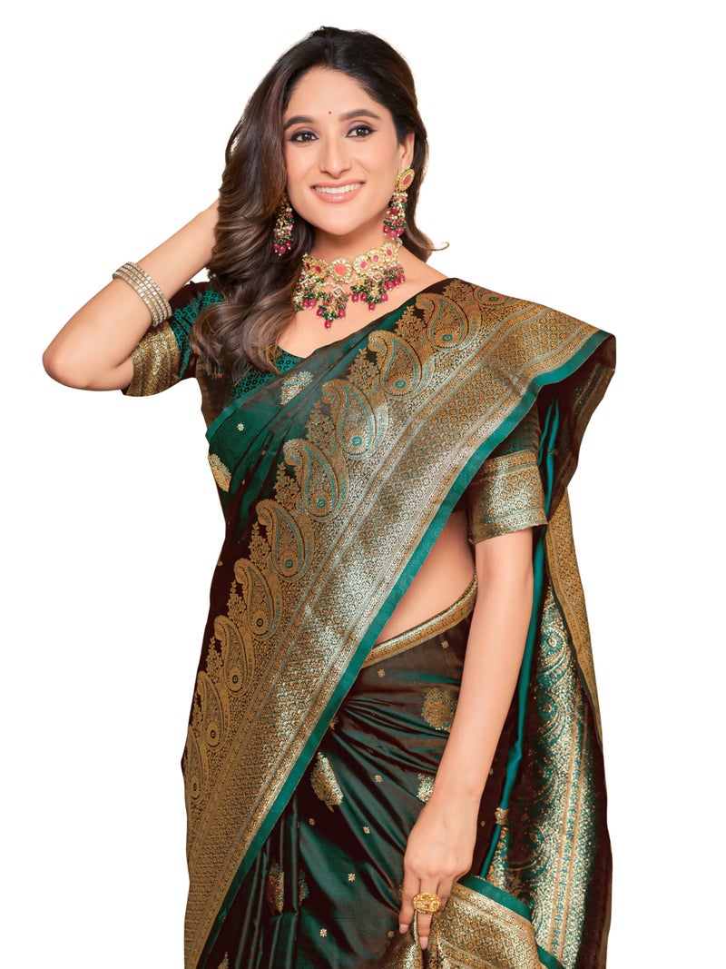 Glory Sarees Women's Pure Kanjivaram Soft Banarasi Original Satin Silk Saree Elegantly Crafted Graceful Wedding Design With Blouse Piece (Satin Silk101_Green) - Image 1