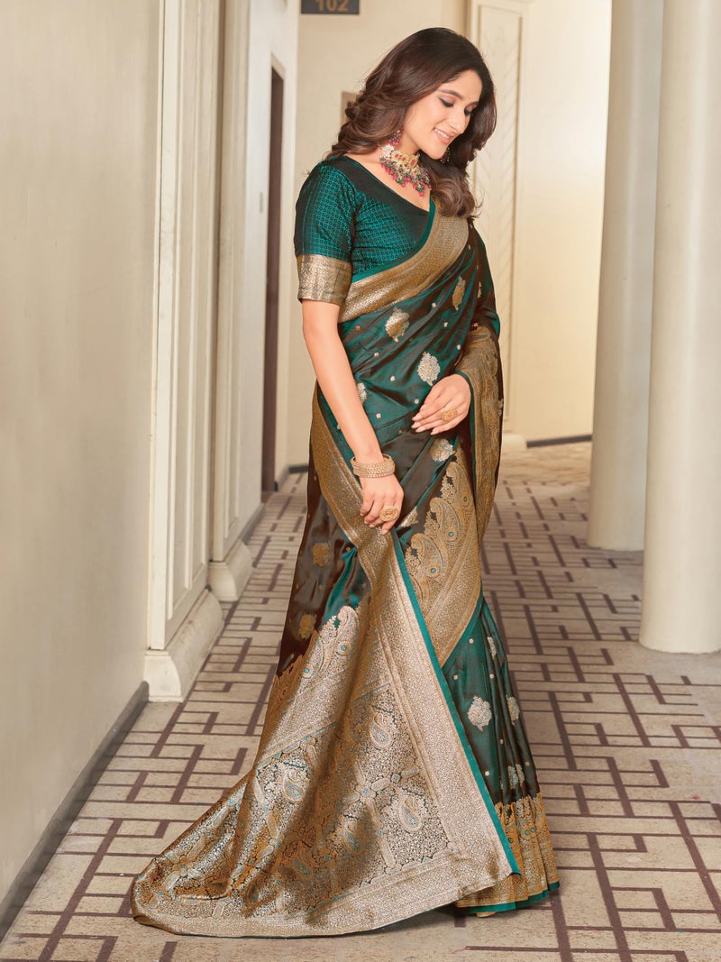 Glory Sarees Women's Pure Kanjivaram Soft Banarasi Original Satin Silk Saree Elegantly Crafted Graceful Wedding Design With Blouse Piece (Satin Silk101_Green) - Image 5