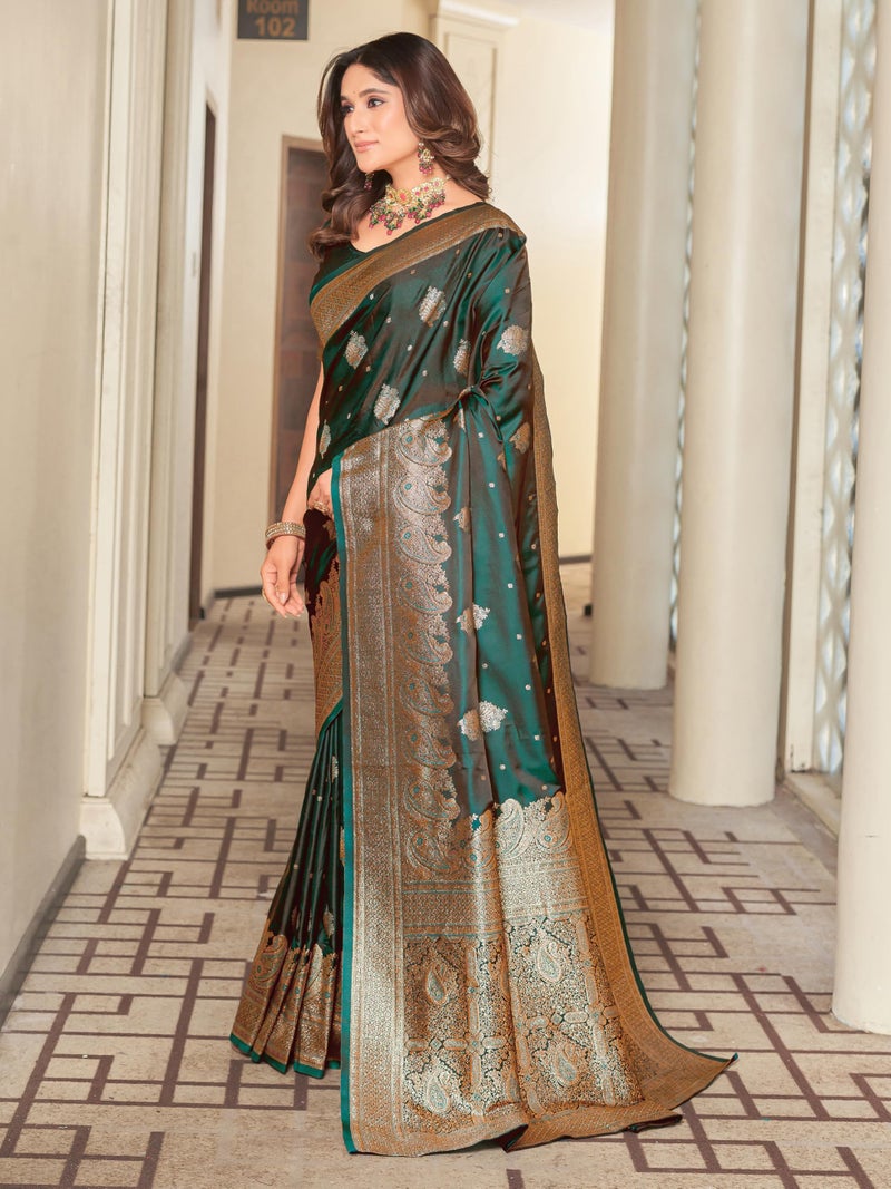Glory Sarees Women's Pure Kanjivaram Soft Banarasi Original Satin Silk Saree Elegantly Crafted Graceful Wedding Design With Blouse Piece (Satin Silk101_Green) - Image 3