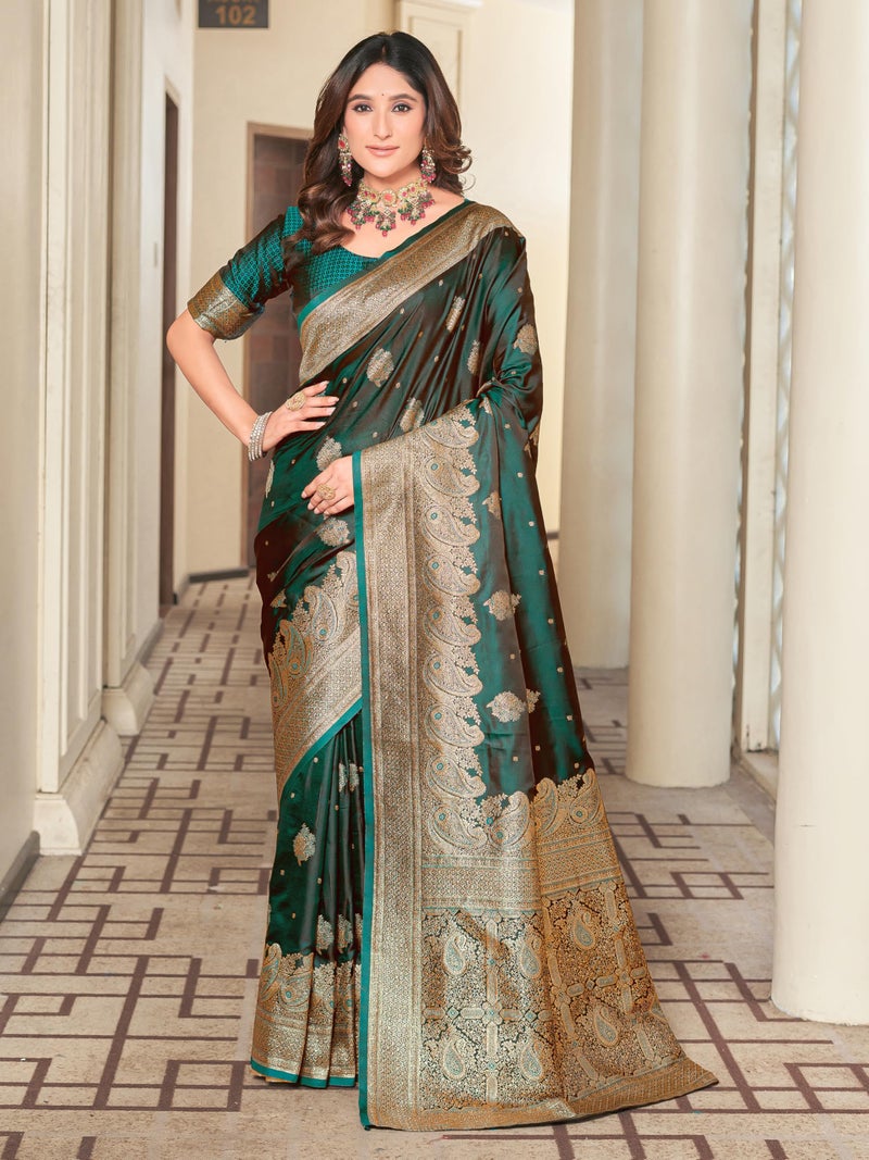 Glory Sarees Women's Pure Kanjivaram Soft Banarasi Original Satin Silk Saree Elegantly Crafted Graceful Wedding Design With Blouse Piece (Satin Silk101_Green) - Image 2