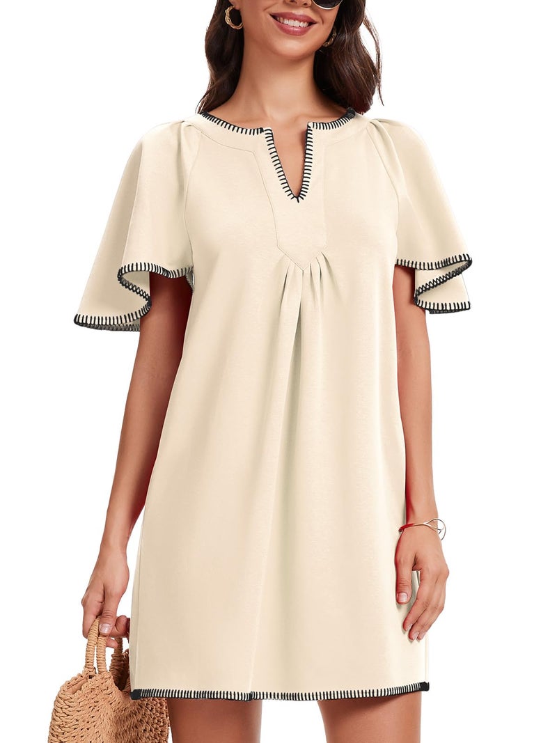 HOULENGS Women's Summer Flutter Short Sleeve A Line Mini Dress Casual Contrast Trim V Neck Short Dress with Pockets Apricot Medium - Image 1