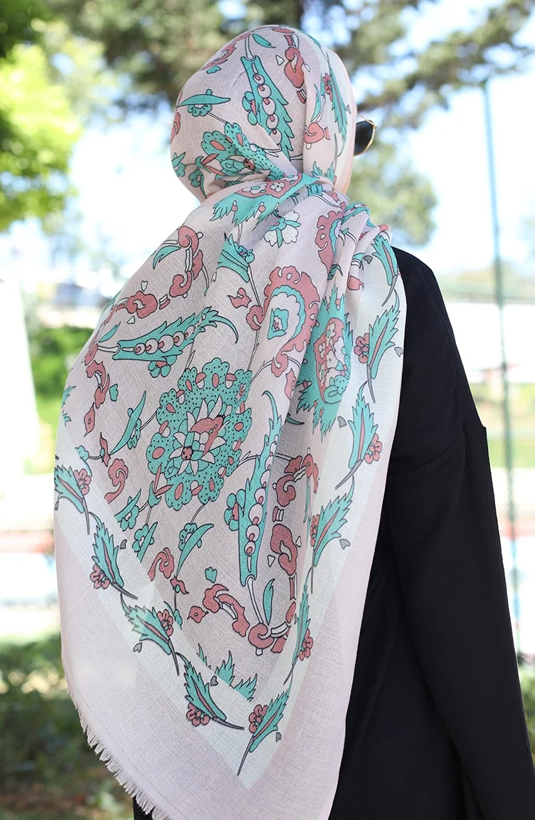 Sefa Merve Ethnic Patterned Cotton Shawl 90174-11 Powder Mint Green