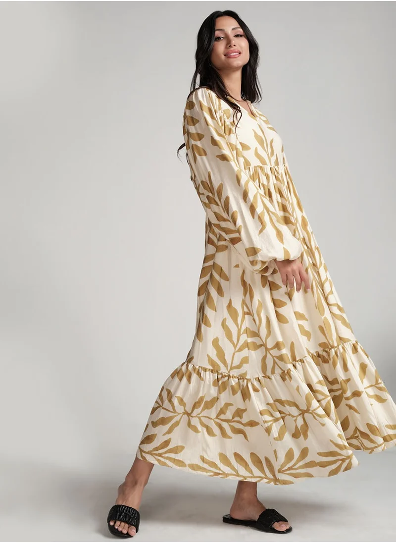 Zigzag Vneck Elasticated Sleeve Loose Fitted Printed Dress-Yellow