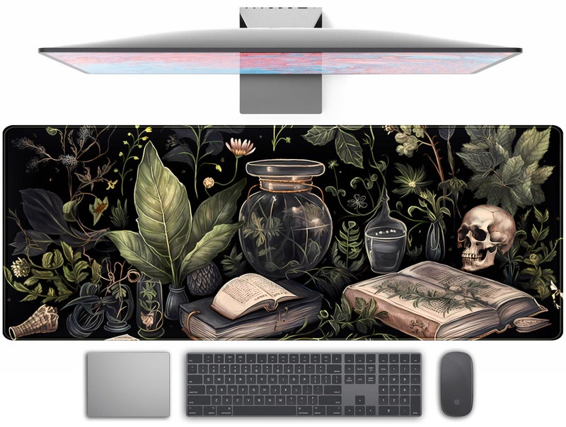 TENG DA QING Dark Academia Desk Mat Mouse Pad XL Extended Large Gaming Desk Pad Mousepad, Mystical Green Plant Computer Laptop Keyboard and Mouse Mat, Desktop Protector Mat for Women Girl Office 31.5x11.8 in - Image 1