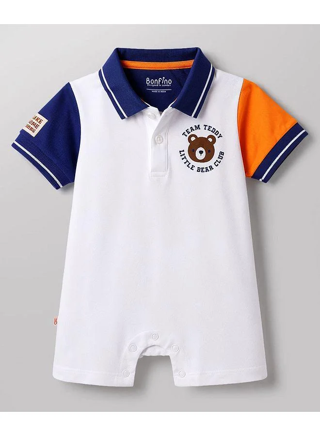Bonfino Bonfino 100% Cotton Color Block Polo Romper With Print - White