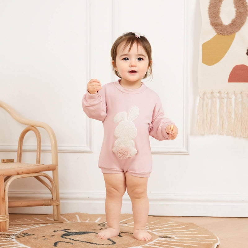 FOCUSNORM Easter Newborn Baby Girl Clothes Fuzzy Bunny Embroidery Romper Sweatshirt Bubble Jumpsuit Toddler Baby Girl Outfit (Easter Pink, 6-12 Months) - Image 3