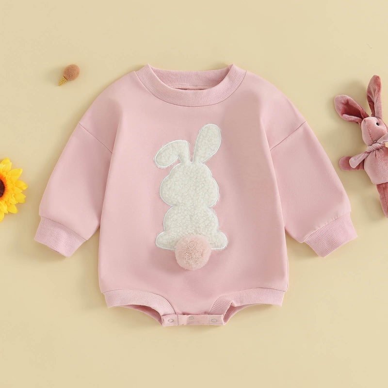 FOCUSNORM Easter Newborn Baby Girl Clothes Fuzzy Bunny Embroidery Romper Sweatshirt Bubble Jumpsuit Toddler Baby Girl Outfit (Easter Pink, 6-12 Months) - Image 5