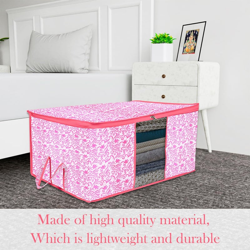 Kuber Industries Underbed Storage Bag Clothes Storage Bag Blanket Cover with Clear Window Zipper Closure Handle Cloth Organizer LeafDesign Large Pack of 4 Pink - Image 2