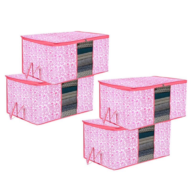 Kuber Industries Underbed Storage Bag Clothes Storage Bag Blanket Cover with Clear Window Zipper Closure Handle Cloth Organizer LeafDesign Large Pack of 4 Pink - Image 1