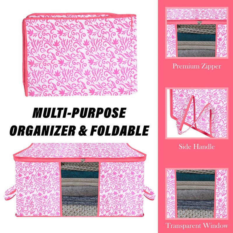 Kuber Industries Underbed Storage Bag Clothes Storage Bag Blanket Cover with Clear Window Zipper Closure Handle Cloth Organizer LeafDesign Large Pack of 4 Pink - Image 4