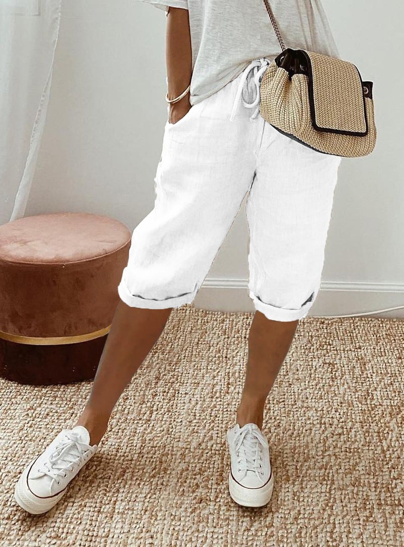 Women's Cotton Linen Mid-Rise Casual Capri Pants with Pockets - Loose Fit, Commuter Style, Spring 2023