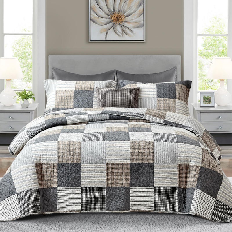 Finlonte Quilt Set Queen Size - 100% Cotton Queen Comforter Set, Plaid Quilted Bedspread Farmhouse Country Bed Spread, Lightweight Reversible Quilt Bedding Set All-Season, Gray/Brown/Black/White, 3Pcs - Image 1