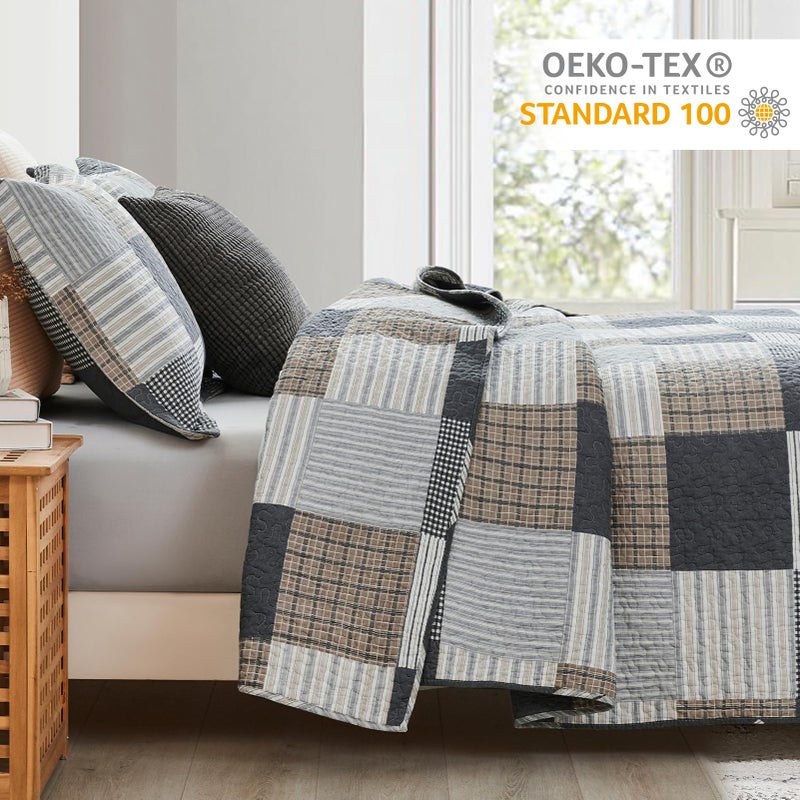Finlonte Quilt Set Queen Size - 100% Cotton Queen Comforter Set, Plaid Quilted Bedspread Farmhouse Country Bed Spread, Lightweight Reversible Quilt Bedding Set All-Season, Gray/Brown/Black/White, 3Pcs - Image 3