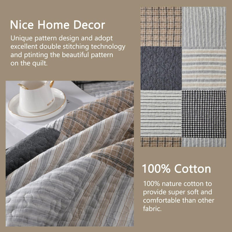 Finlonte Quilt Set Queen Size - 100% Cotton Queen Comforter Set, Plaid Quilted Bedspread Farmhouse Country Bed Spread, Lightweight Reversible Quilt Bedding Set All-Season, Gray/Brown/Black/White, 3Pcs - Image 4
