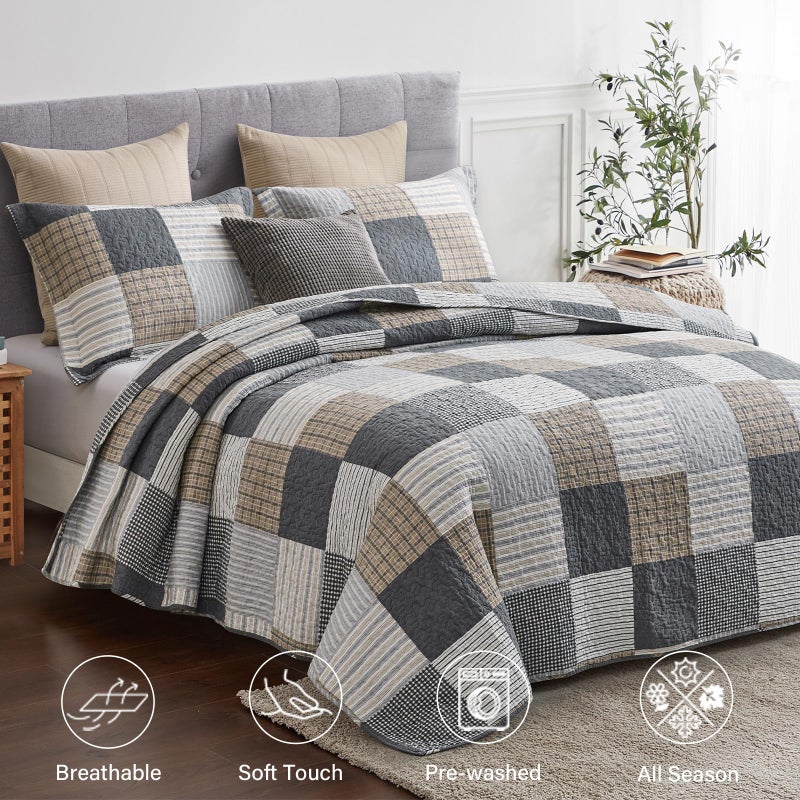 Finlonte Quilt Set Queen Size - 100% Cotton Queen Comforter Set, Plaid Quilted Bedspread Farmhouse Country Bed Spread, Lightweight Reversible Quilt Bedding Set All-Season, Gray/Brown/Black/White, 3Pcs - Image 2