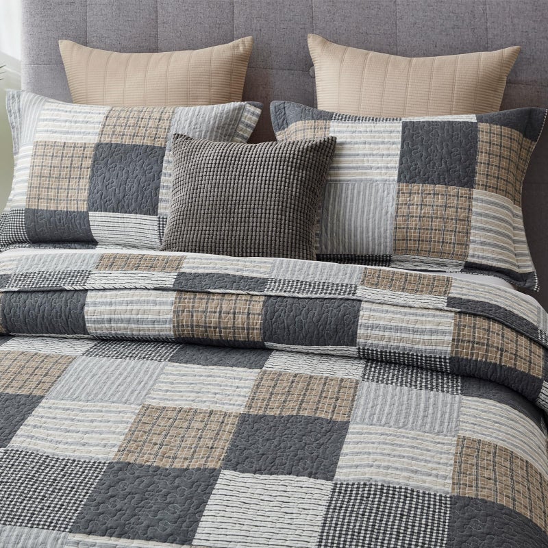 Finlonte Quilt Set Queen Size - 100% Cotton Queen Comforter Set, Plaid Quilted Bedspread Farmhouse Country Bed Spread, Lightweight Reversible Quilt Bedding Set All-Season, Gray/Brown/Black/White, 3Pcs - Image 5