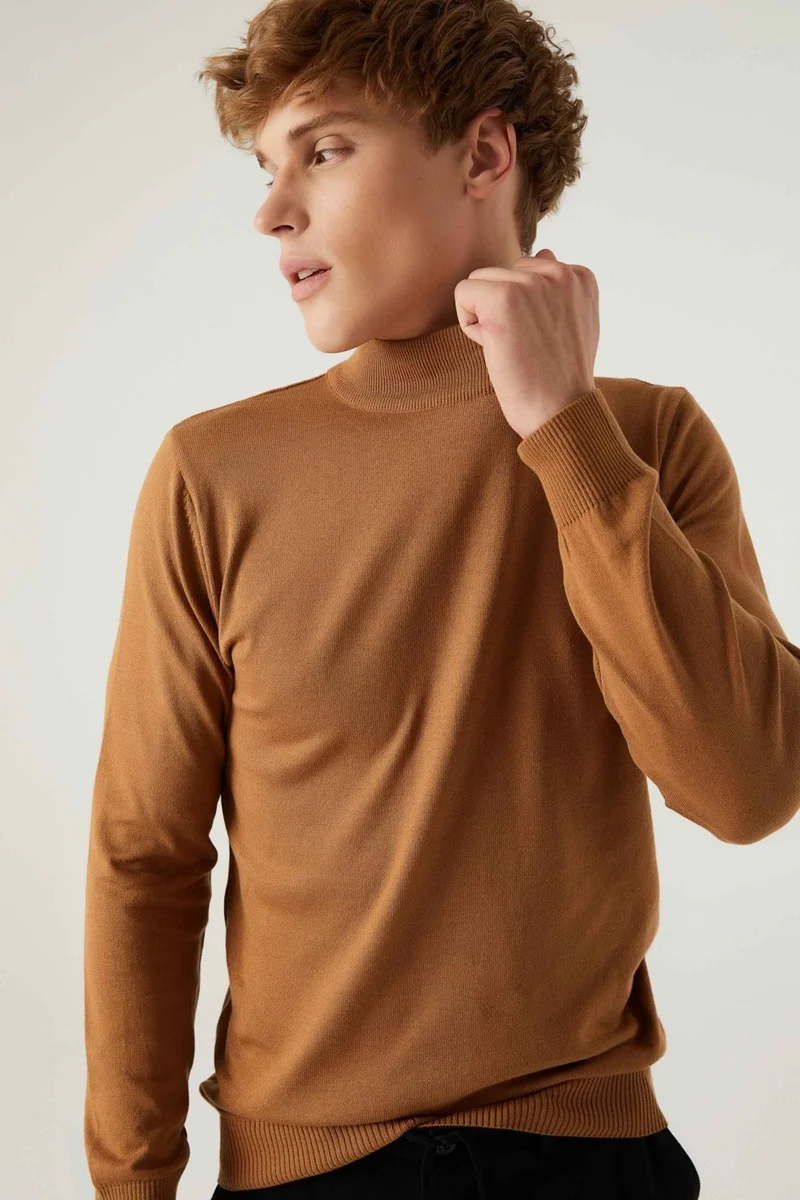 D'S DAMAT Ds Damat Regular Fit Camel Cotton Blend Half Turtleneck Knit Sweater