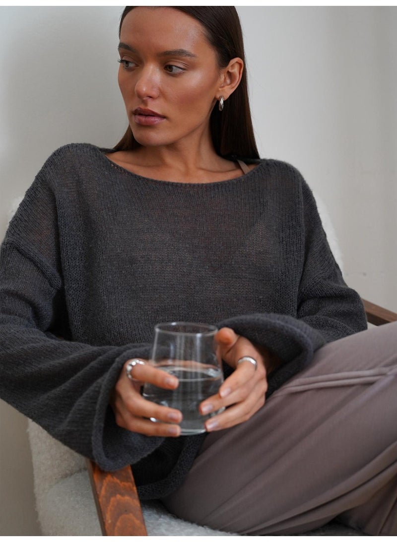 NIBEMINENT Early Autumn  Hollow Out Sweater For Women Loose Solid Color Knit Long Sleeve Cover-Up Tops Female - Image 1