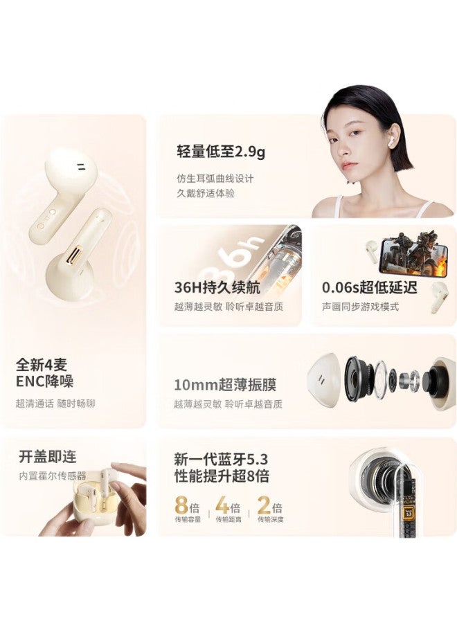 havit True Wireless Semi In-Ear Bluetooth Headphones For Music, Gaming, Sports, Calls, Noise Cancellation, Low Latency, Long Battery Life, Compatible With Apple, Xiaomi, Huawei Phones, Flowing Gold White - Image 1