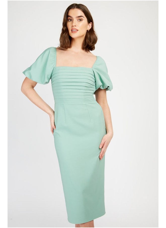 Pleat Detail Midi Pencil Dress