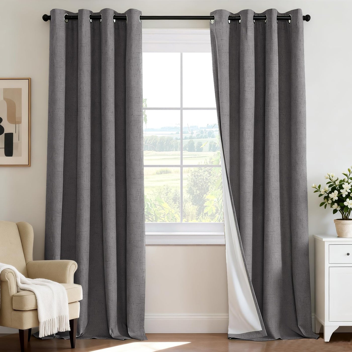 H.VERSAILTEX 100% Blackout Curtains for Bedroom 108 Inches Long Grommet Linen Face Full Light Blocking Curtain Drapes for Living Room Thermal Linen Look Curtains 2 Panels Set, 52" W x 108" L, Grey