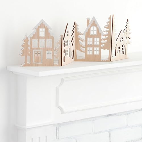Haoser Foldable Wooden Christmas Village Panel | Snowy Trees & Cottages Winter Scene | Scandinavian Xmas Home & Fireplace Dcor | Natural Wood Laser Cut Minimalist Holiday Decoration 24.4 Inch - Image 2
