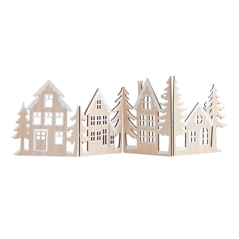 Haoser Foldable Wooden Christmas Village Panel | Snowy Trees & Cottages Winter Scene | Scandinavian Xmas Home & Fireplace Dcor | Natural Wood Laser Cut Minimalist Holiday Decoration 24.4 Inch - Image 4