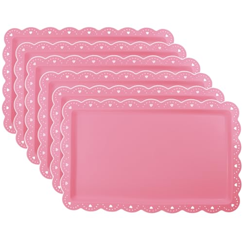 FEOOWV 6 Pack Plastic Serving Trays Food Tray - 14" x 9" Rectangle Serving Platter for Wedding Party Supplies Cafeteria Kitchen Restaurant, Small Flat Trays for Dessert Fruit Cookie Snack(Pink) - Image 1