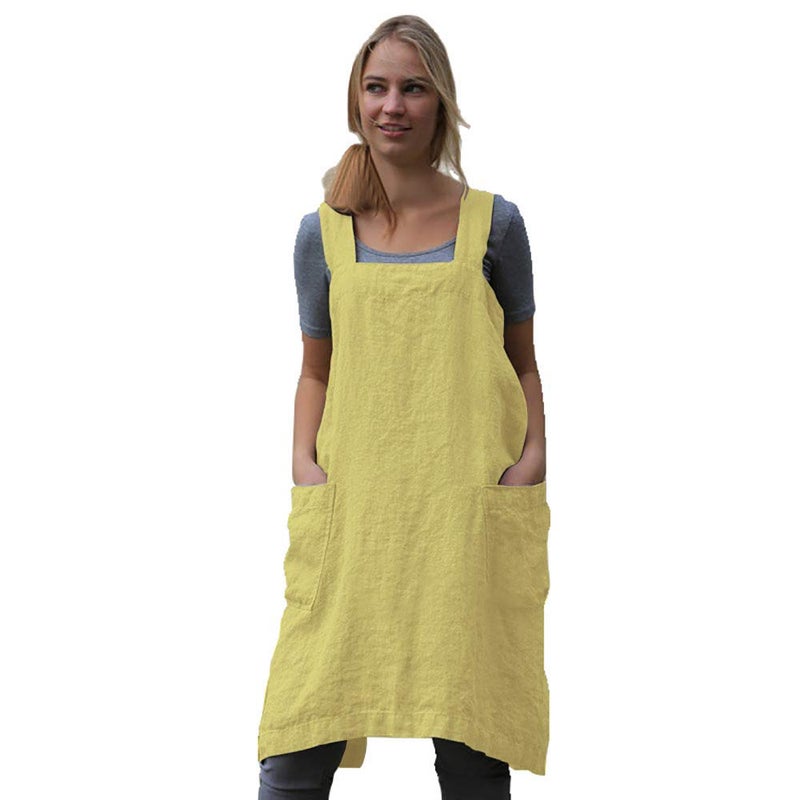 Larmliss Women 's Pinafore Square Apron Baking Cooking Gardening Works Cross Back Cotton/Linen Blend Dress with 2 Pockets Yellow-M - Image 1