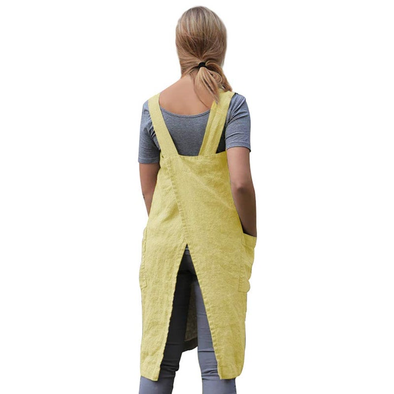 Larmliss Women 's Pinafore Square Apron Baking Cooking Gardening Works Cross Back Cotton/Linen Blend Dress with 2 Pockets Yellow-M - Image 4