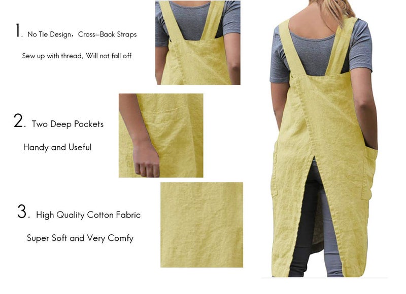 Larmliss Women 's Pinafore Square Apron Baking Cooking Gardening Works Cross Back Cotton/Linen Blend Dress with 2 Pockets Yellow-M - Image 3