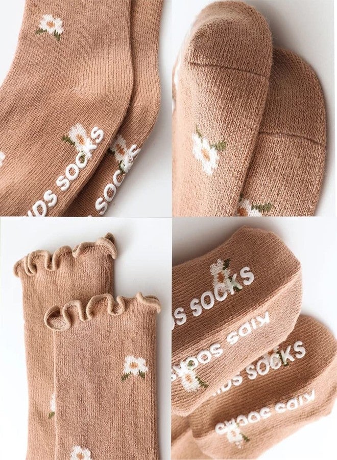Adeimoo Baby Girl Non Skid Socks Newborn Toddler Frilly Ruffle Socks Infant Anti Slip Cotton Sock 5 Pairs 6-12 Months - Image 4